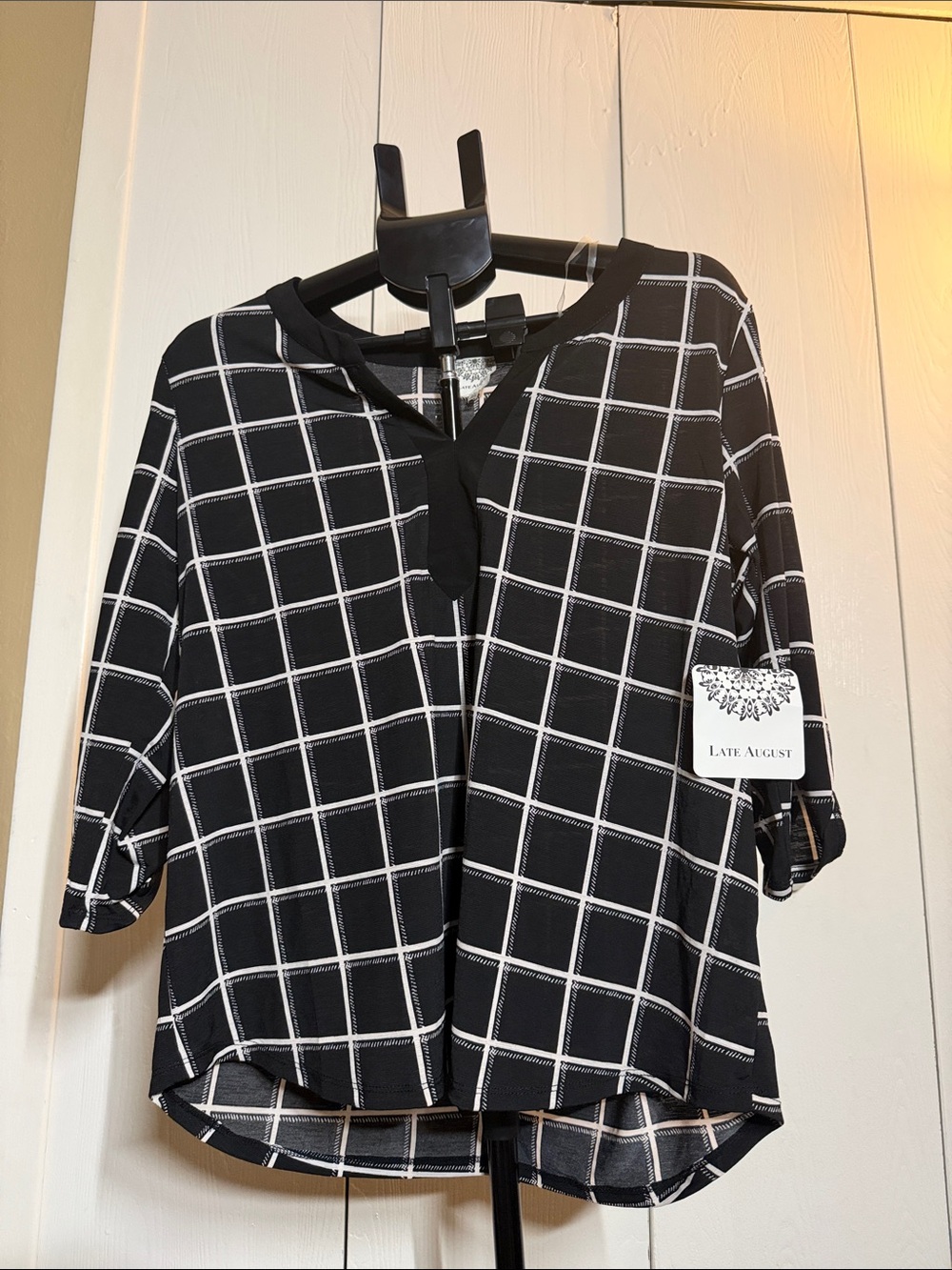 Late August Black Windowpane V-Neck Blouse